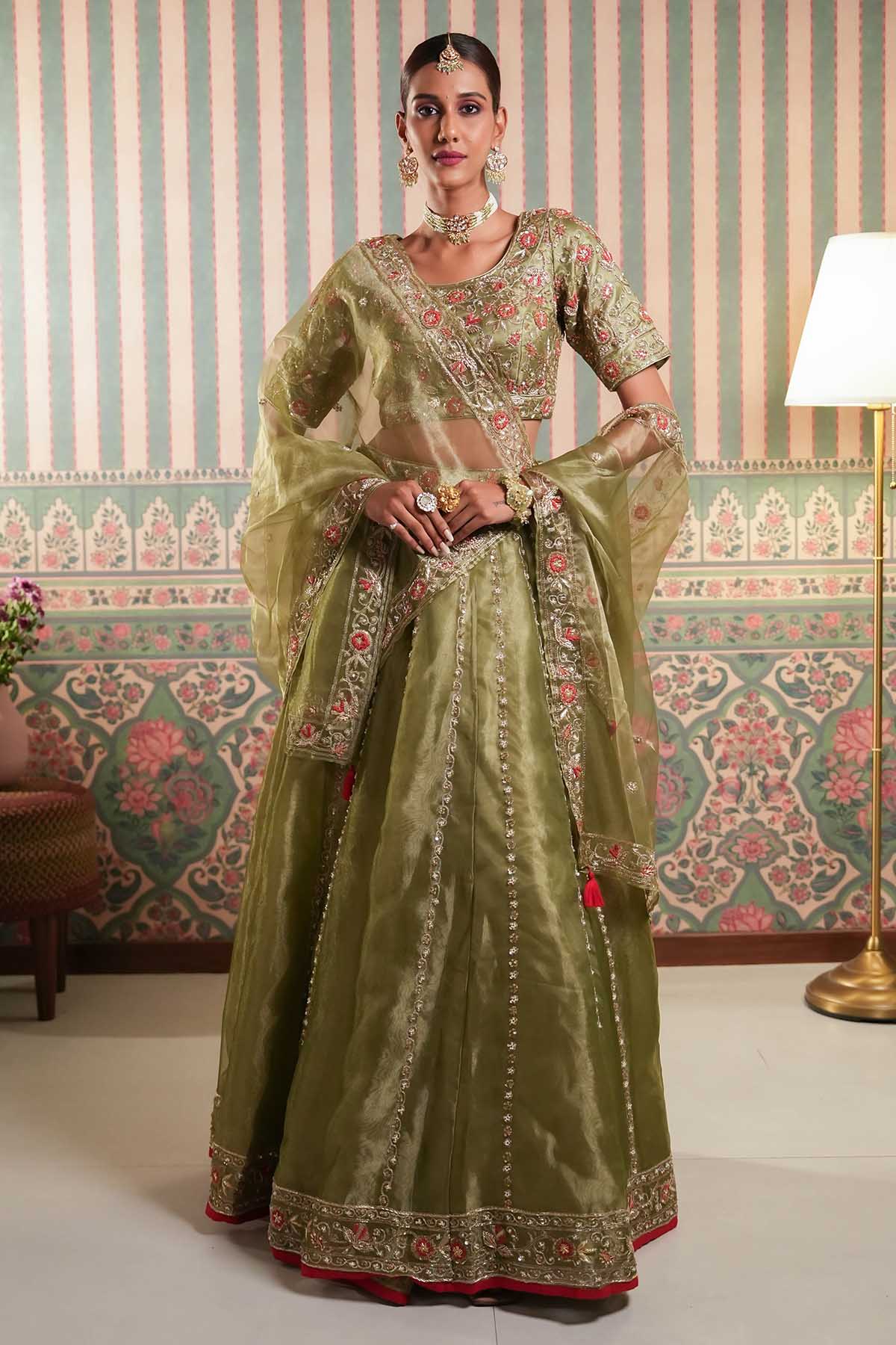 Buy Green Tissue Organza Lehenga Set by Aavya for women online at ScrollnShops