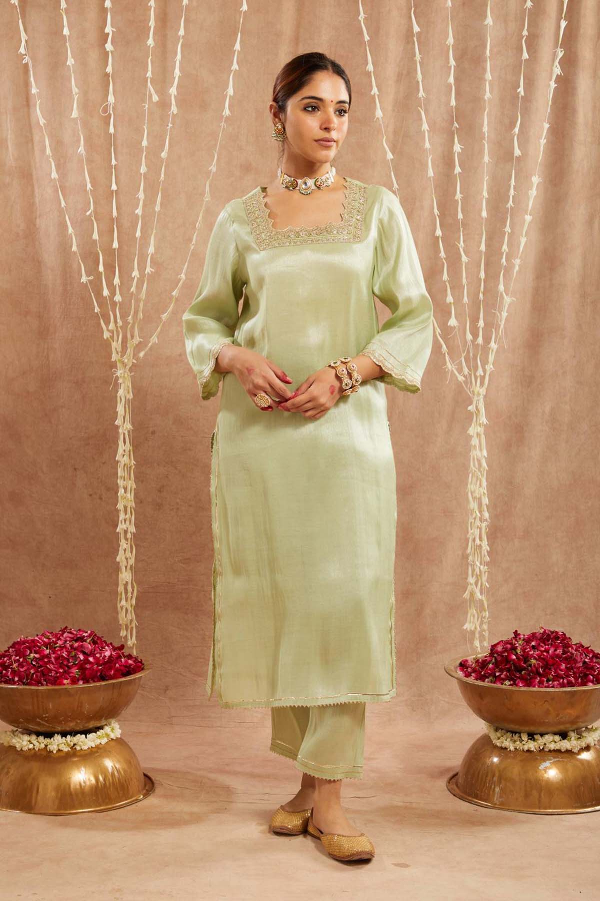 Buy Green Tissue Scallop Kurta Set by Nero for women online at ScrollnShops