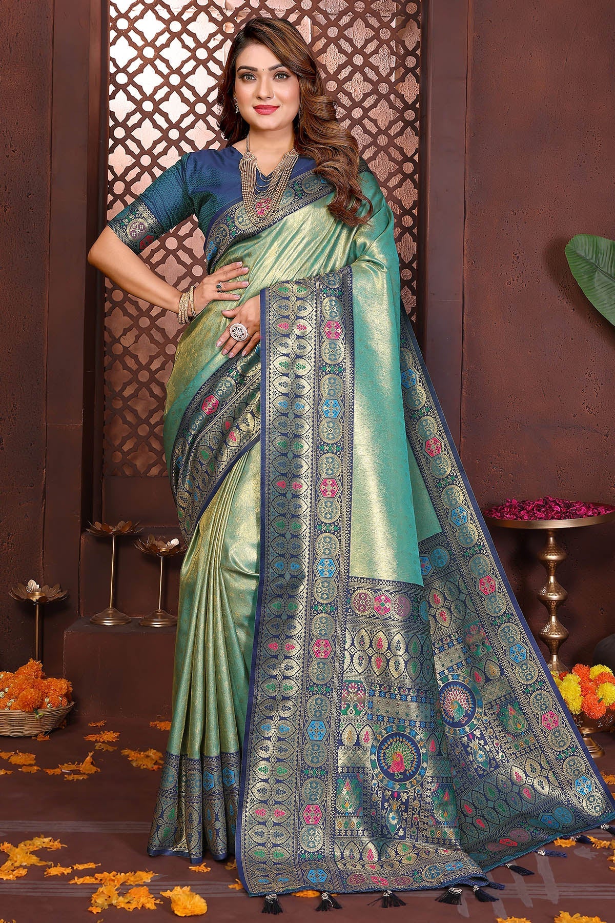 Buy Green Tissue Silk Fancy Saree for women by Aastha Fashion online available at scrollnshops