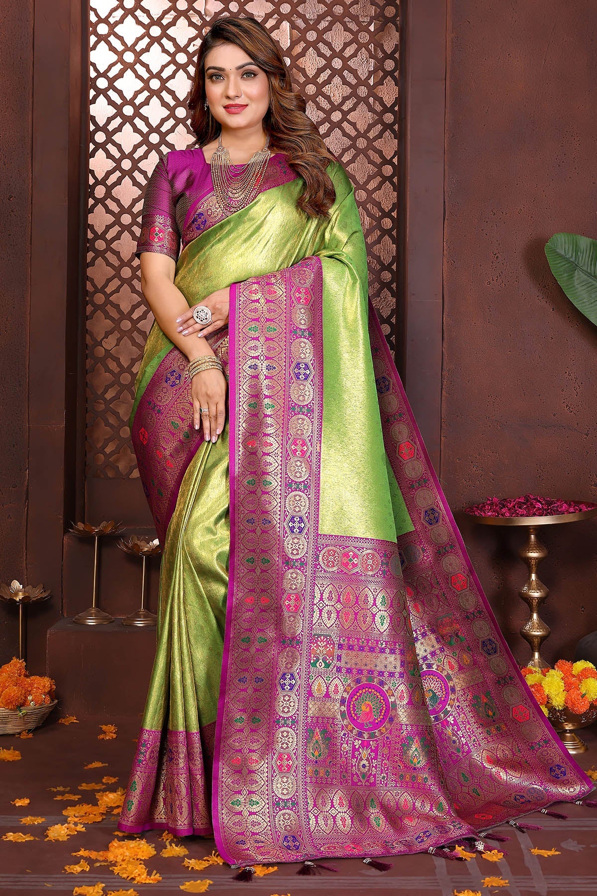 Buy Green Tissue Silk Weaving Saree for women by Aastha Fashion online available at scrollnshops
