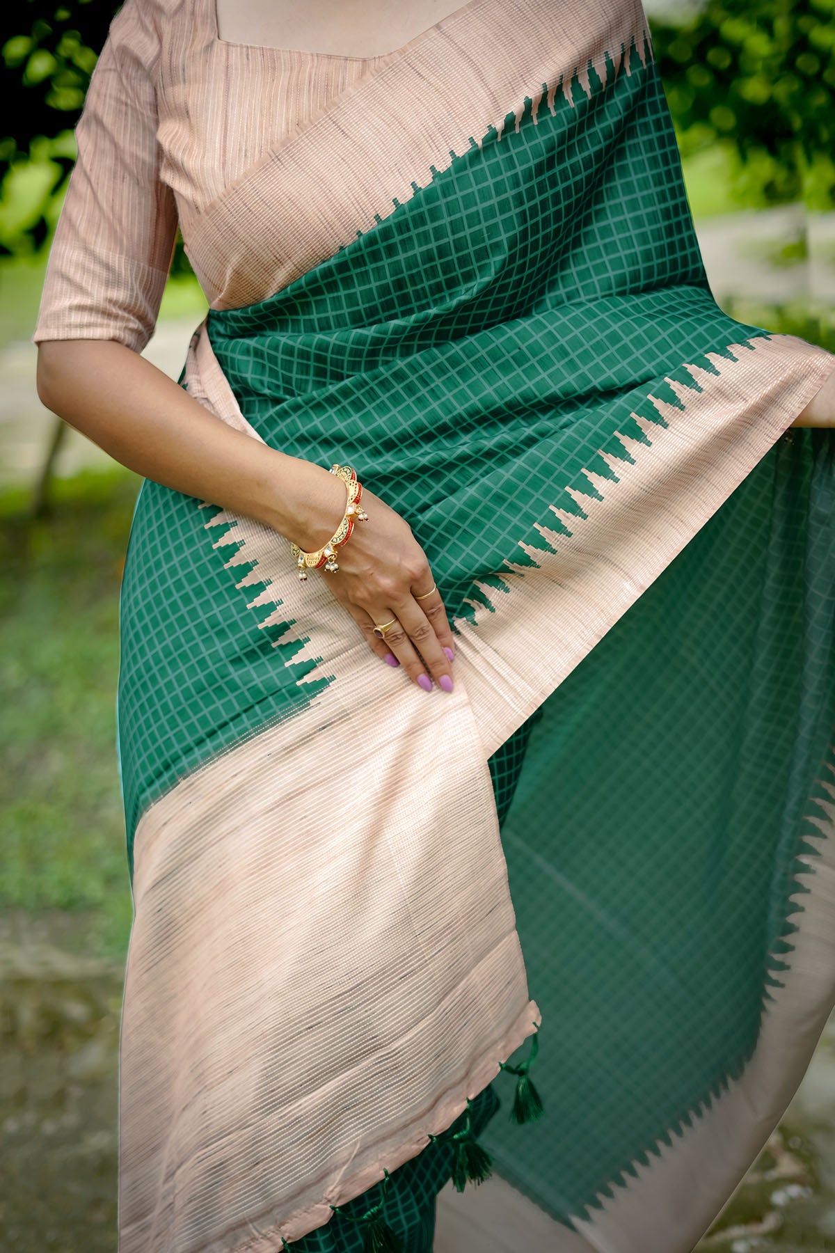 Green Tussar Silk Checked Saree