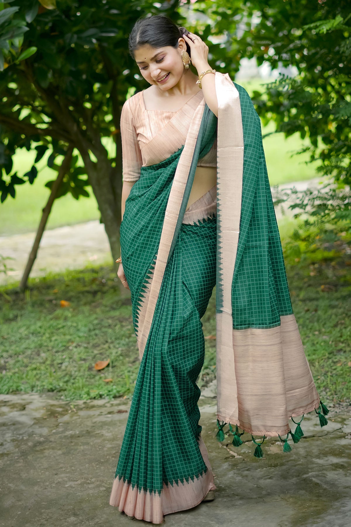 Buy Green Tussar Silk Checked Saree by Lili Lala for women online at ScrollnShops