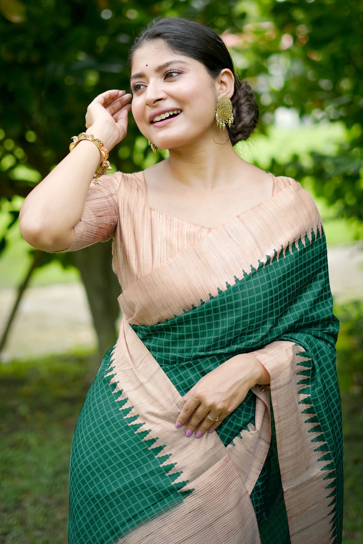 Green Tussar Silk Checked Saree