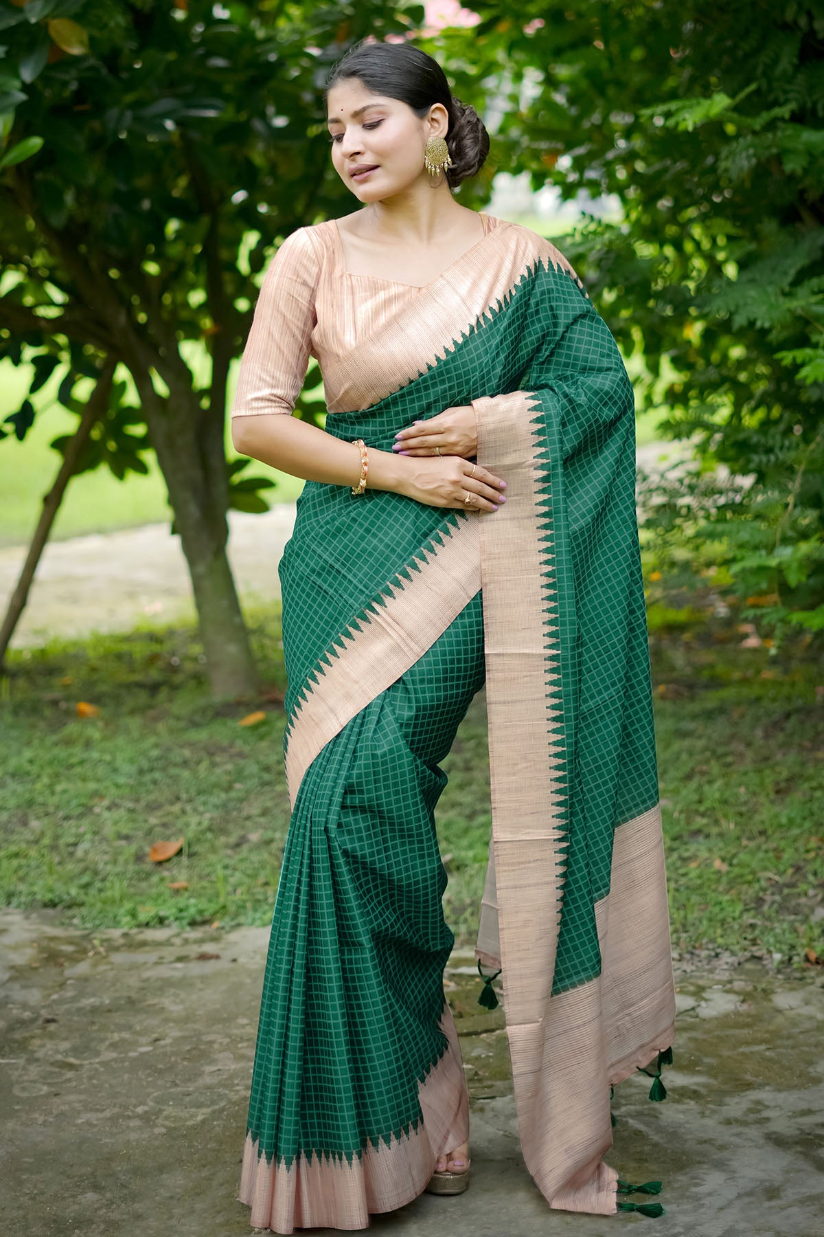 Green Tussar Silk Checked Saree
