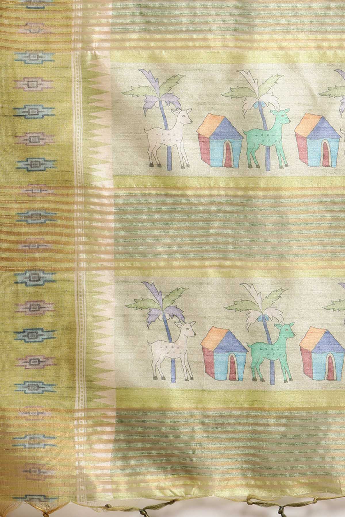 Green Tussar Silk Printed Saree