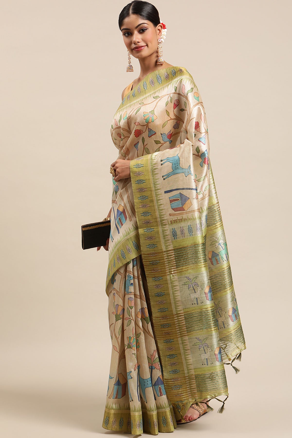 Buy Green Tussar Silk Printed Saree by Lili Lala for women online at ScrollnShops