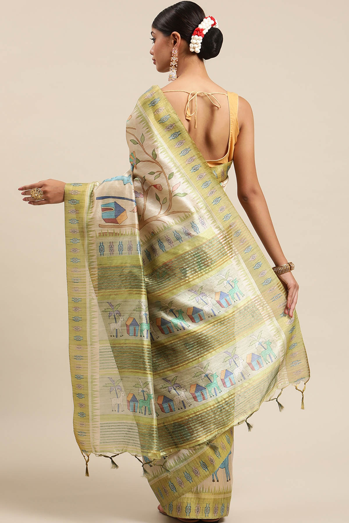 Green Tussar Silk Printed Saree