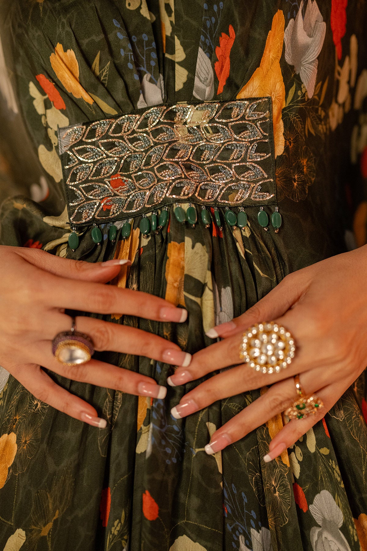 Green V-Neck Embroidered Kaftan