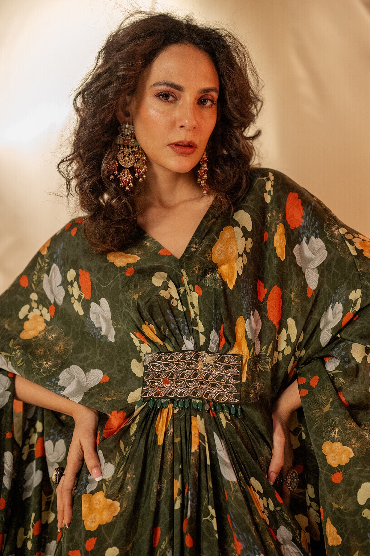 Green V-Neck Embroidered Kaftan