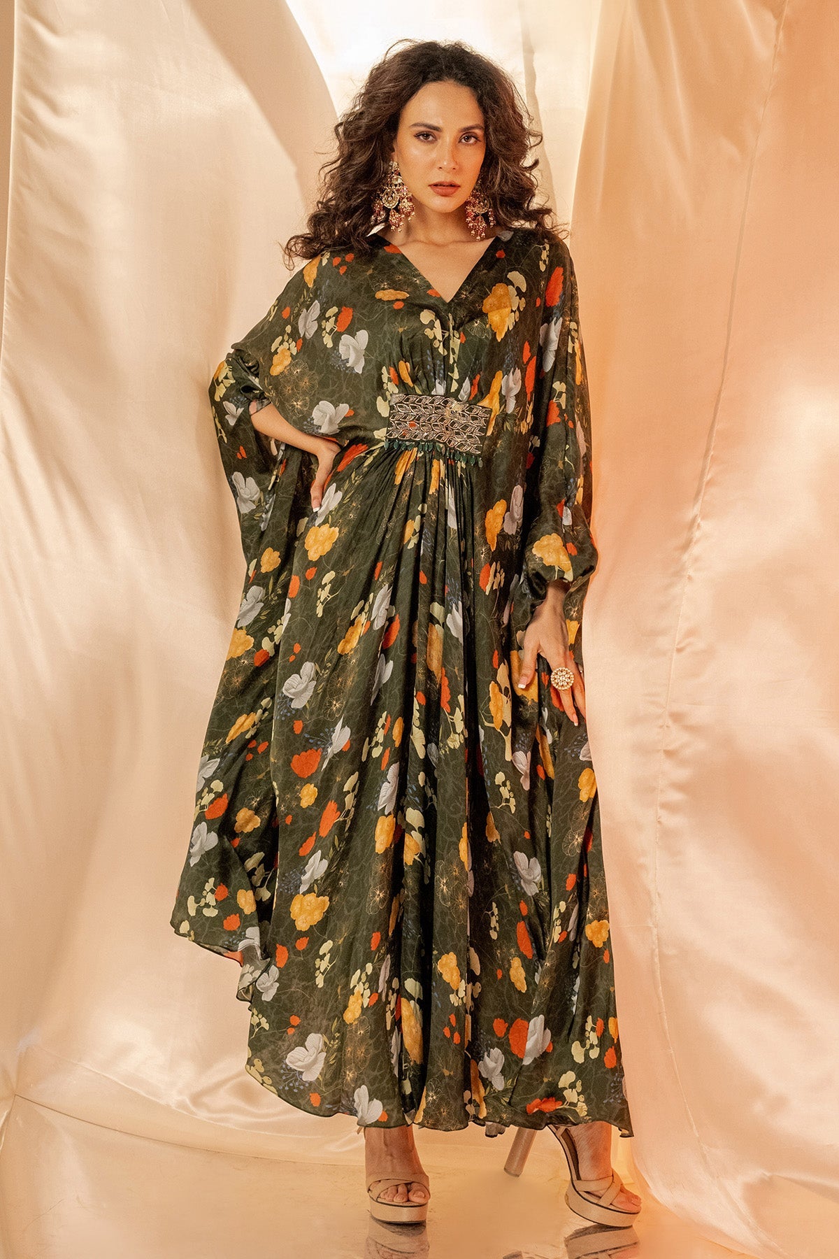 Buy Green V-Neck Embroidered Kaftan by Shristi Chetani for women online at ScrollnShops