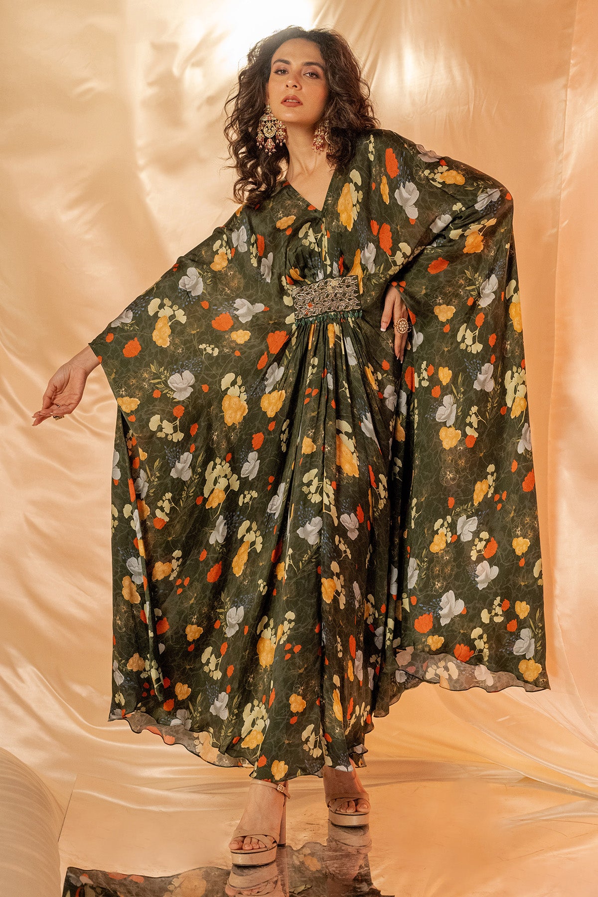 Green V-Neck Embroidered Kaftan