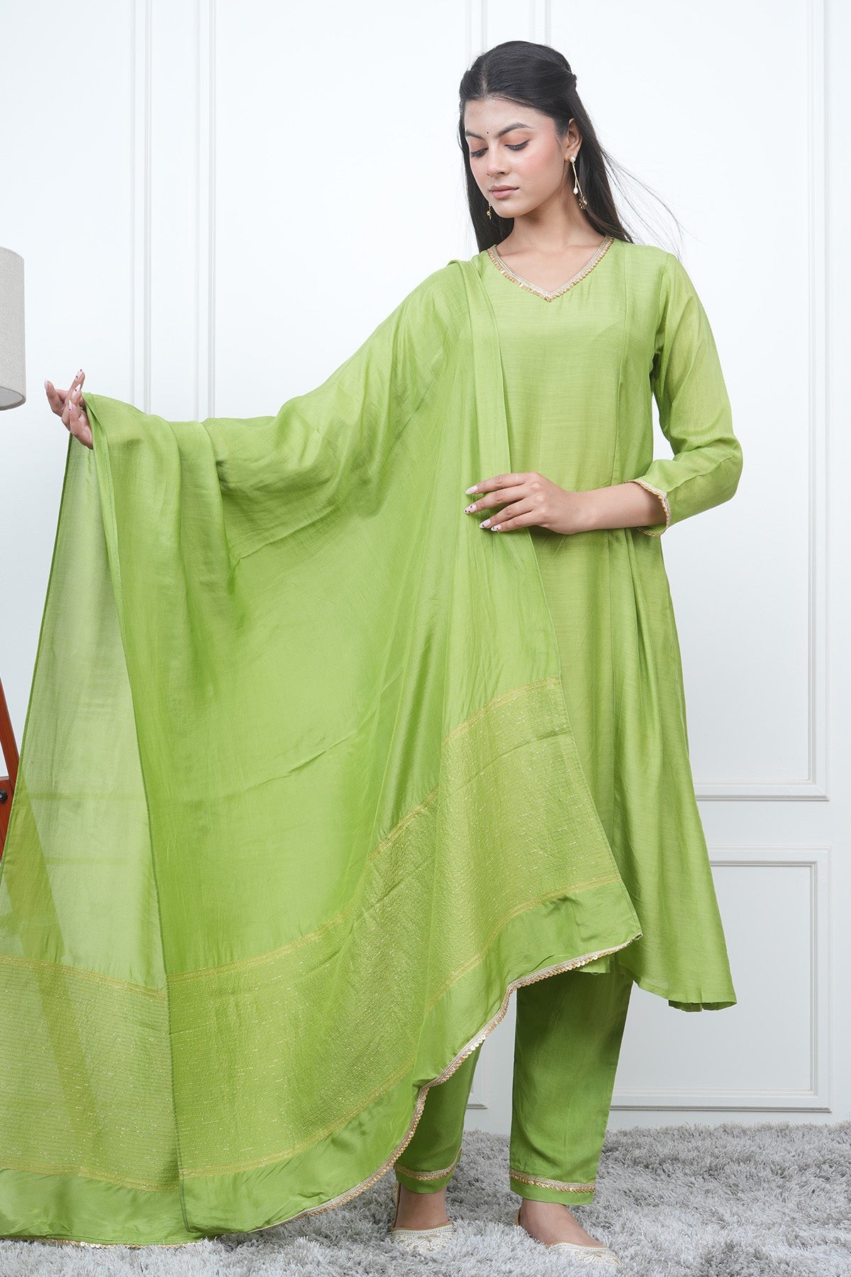 Buy Green V-Neck Flared Kurta Set by Eesha Gupta for women online at ScrollnShops