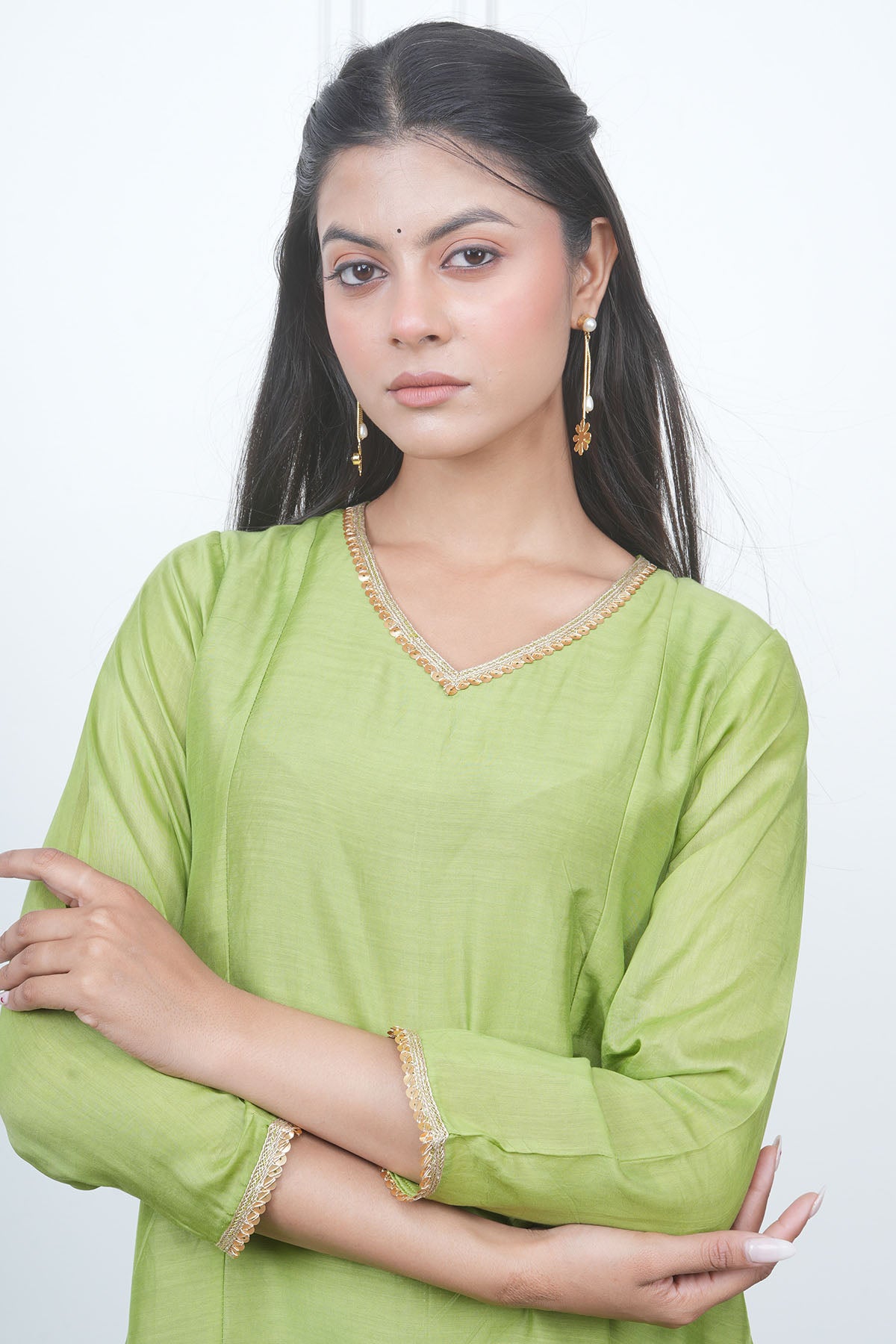 Green V-Neck Flared Kurta Set