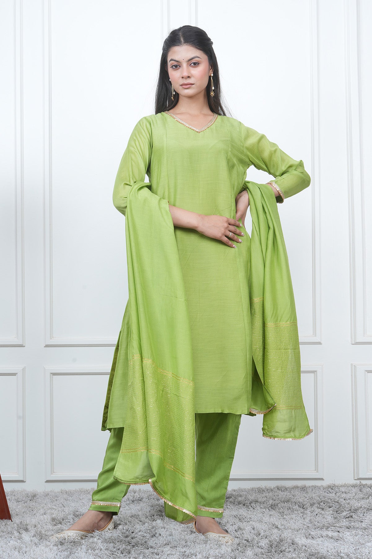 Green V-Neck Flared Kurta Set