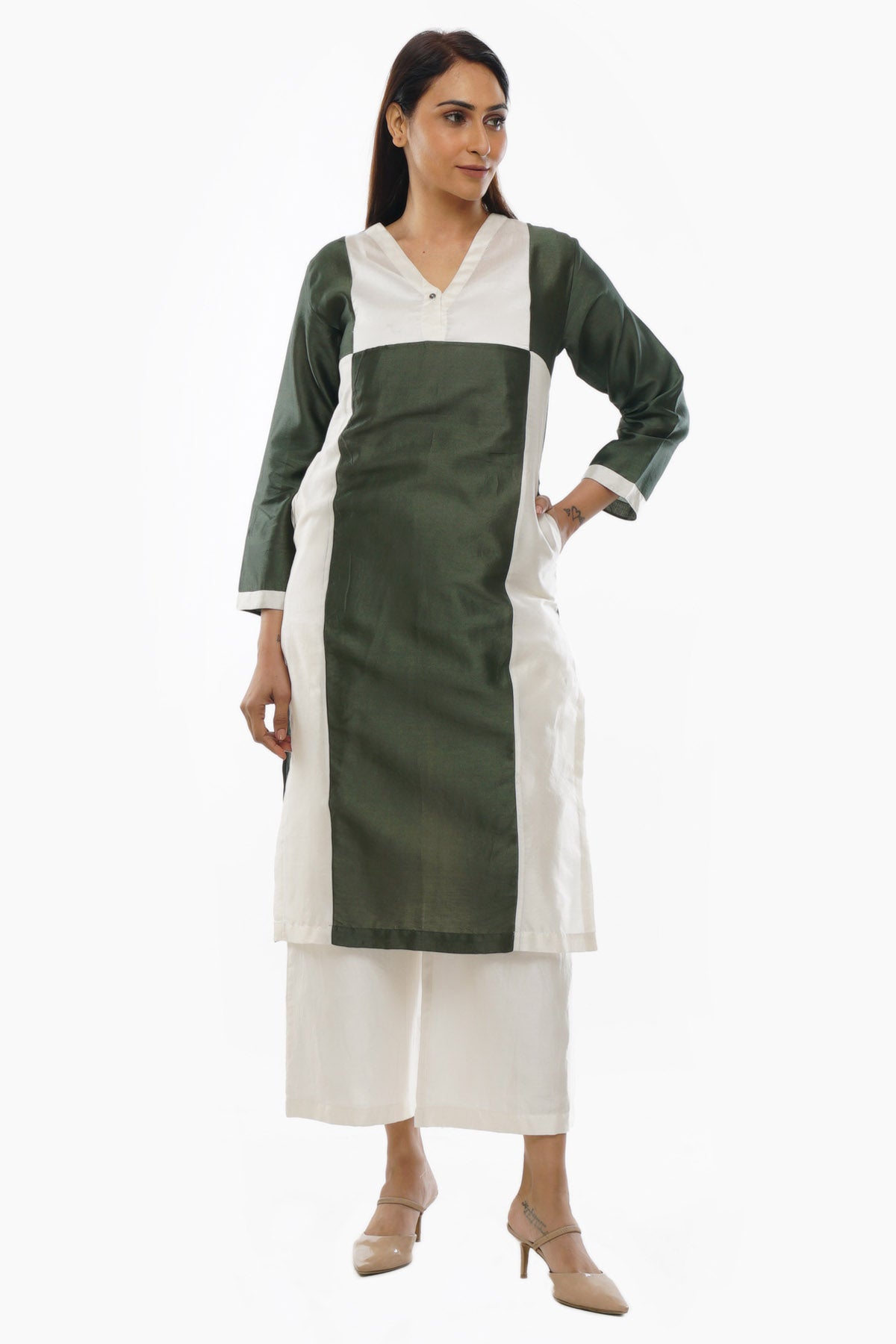 Khat Clothing Green V-Neck Kurta & White Pants for women online at ScrollnShops