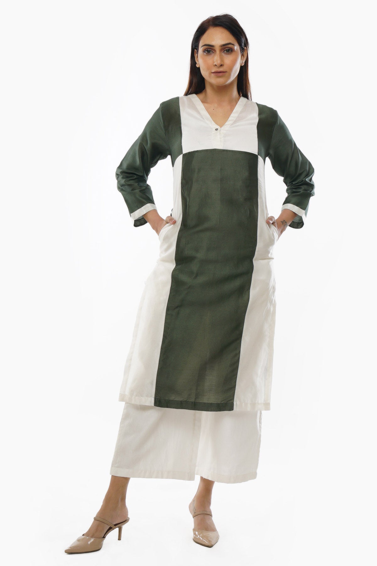 Green V-Neck Kurta & White Pants