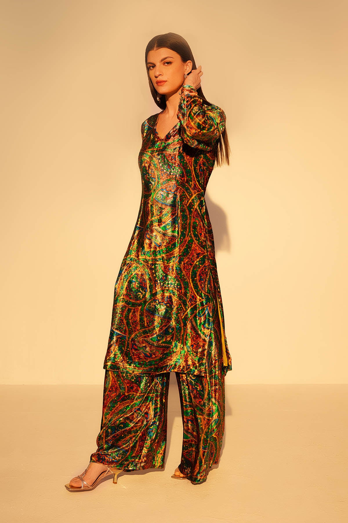 Green V-Neck Long Tunic & Pants