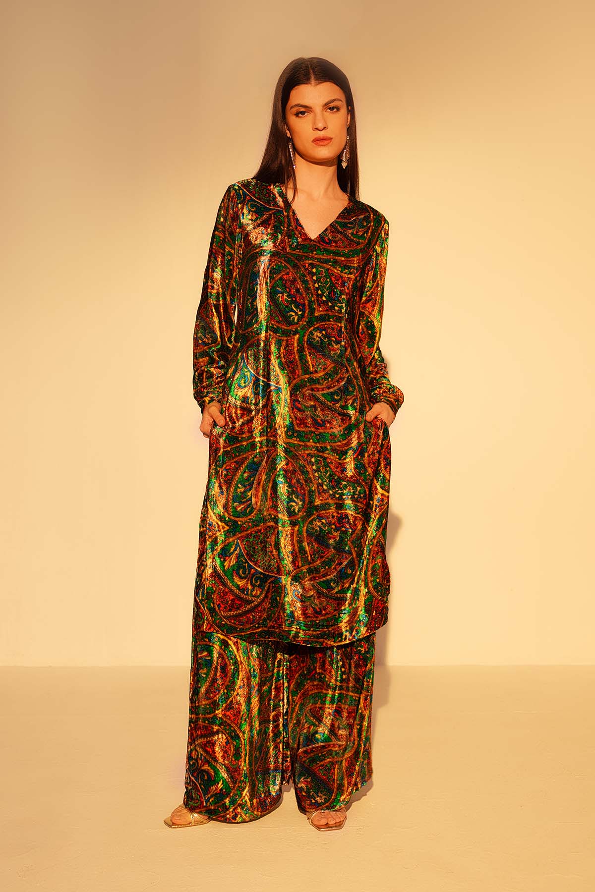 Buy Green V-Neck Long Tunic & Pants by Reena Sharma for women online at ScrollnShops