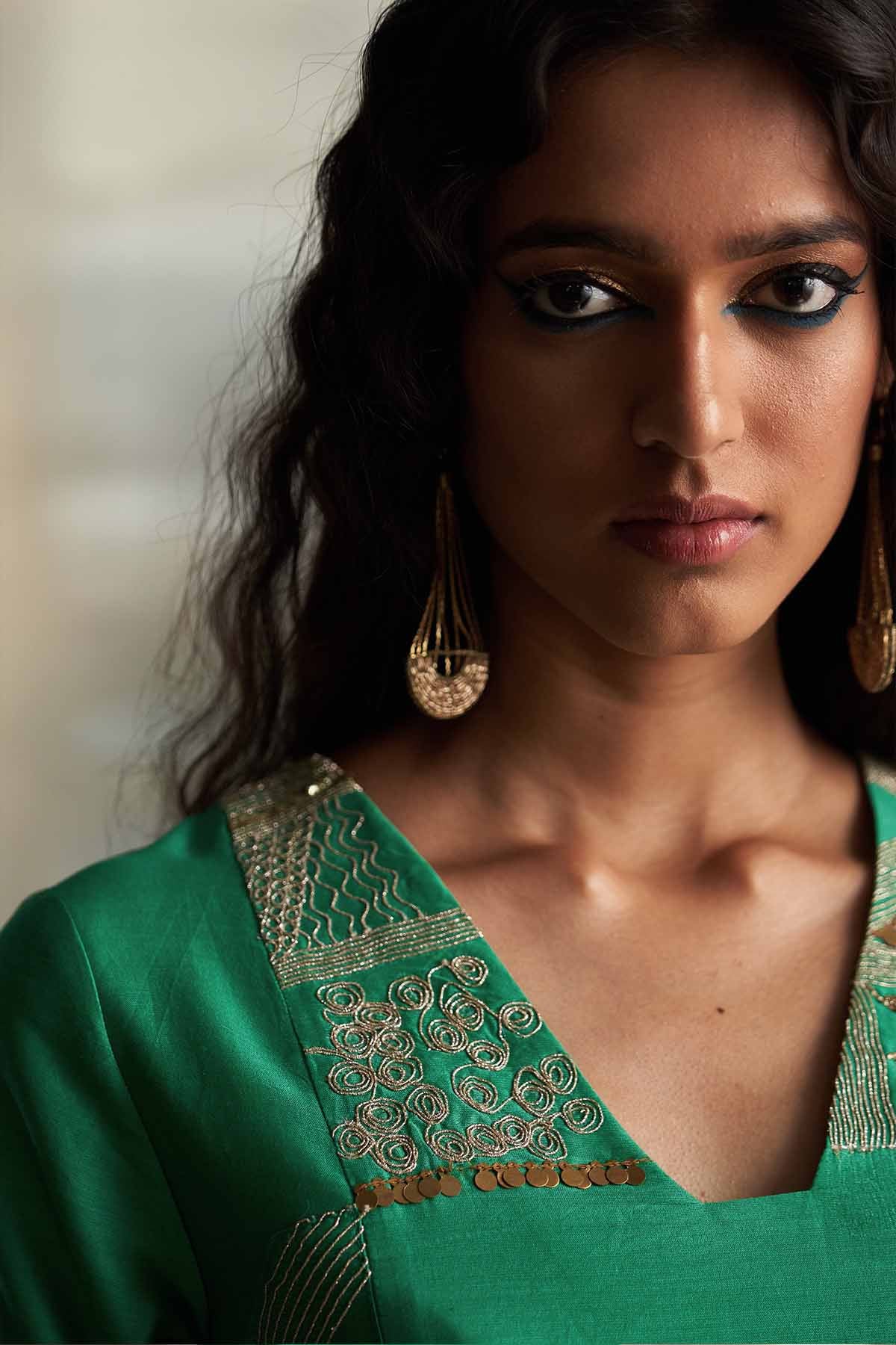 Green V-Neck Straight Kurta Set