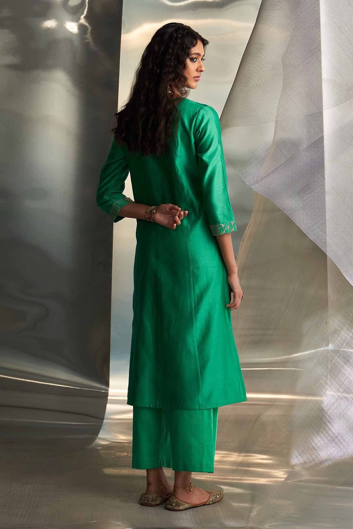 Green V-Neck Straight Kurta Set