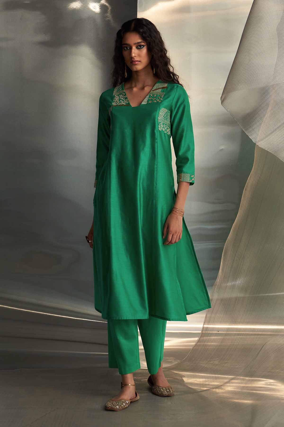 Green V-Neck Straight Kurta Set