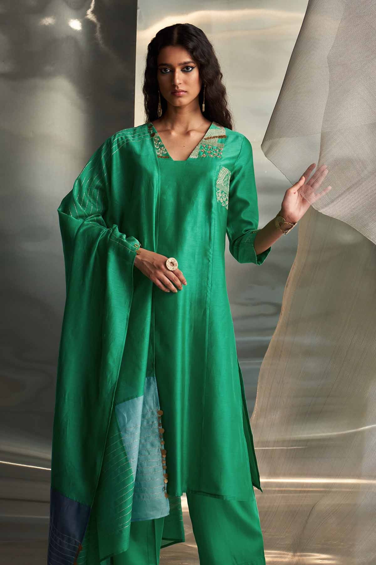 Green V-Neck Straight Kurta Set