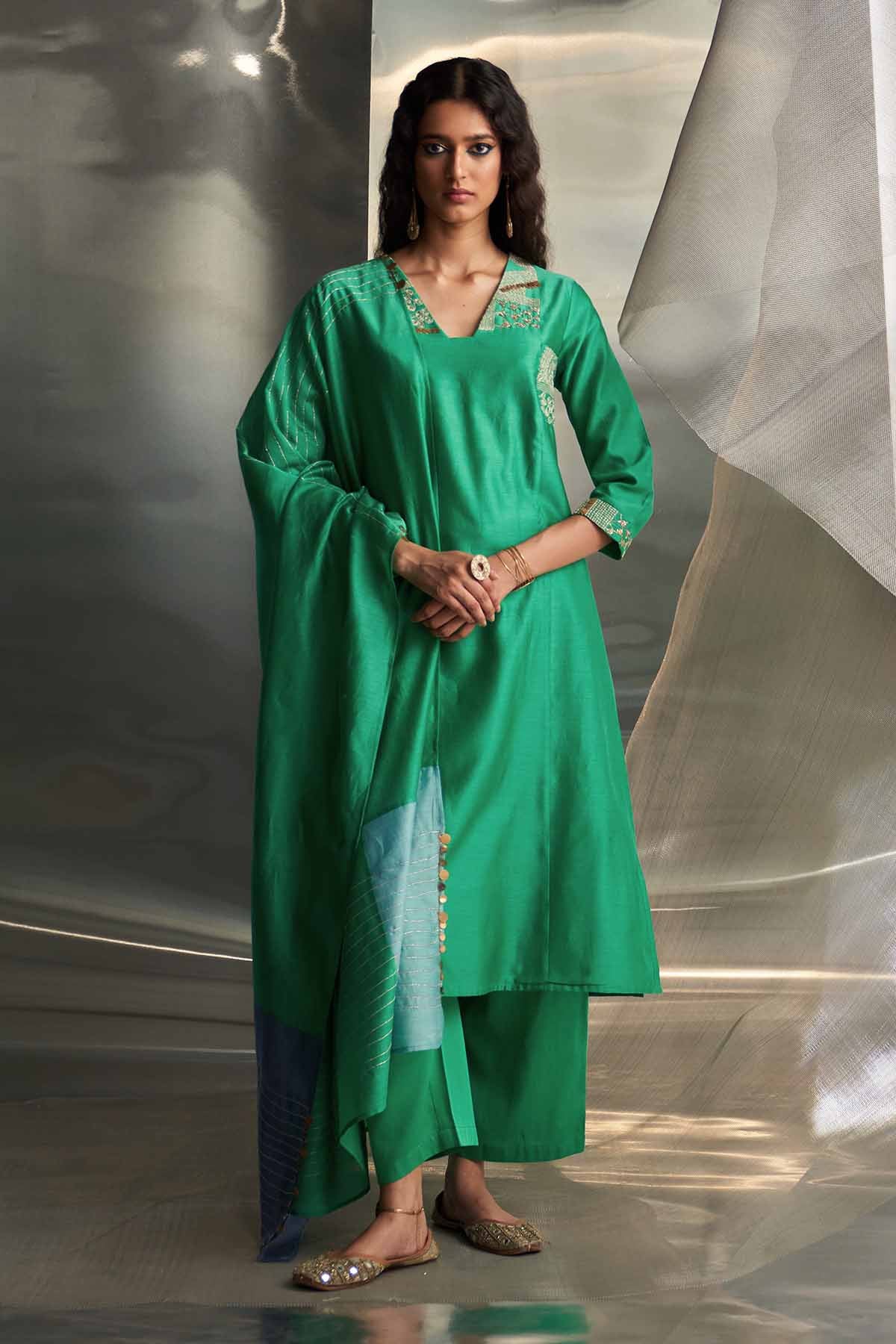 Buy Green V-Neck Straight Kurta Set by Charkhee Misr for women online at ScrollnShops