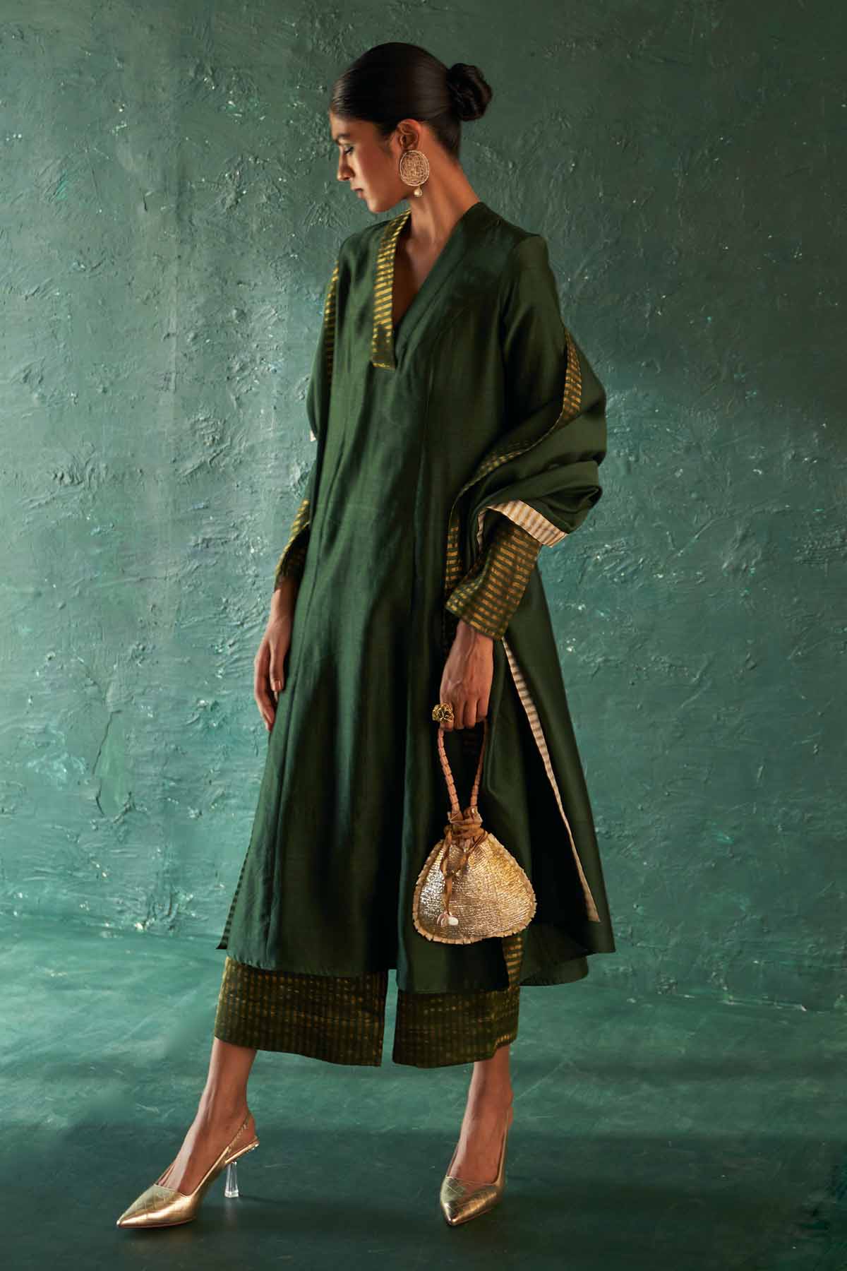 V-Neck Green Straight Kurta Set