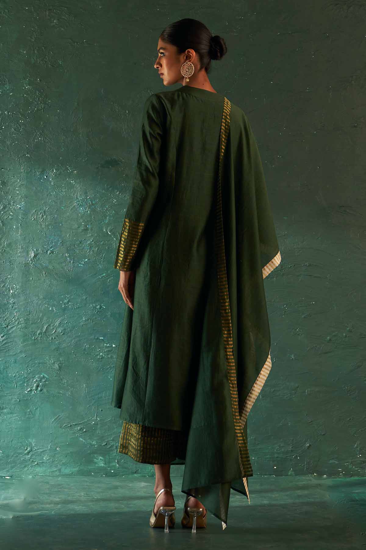 V-Neck Green Straight Kurta Set