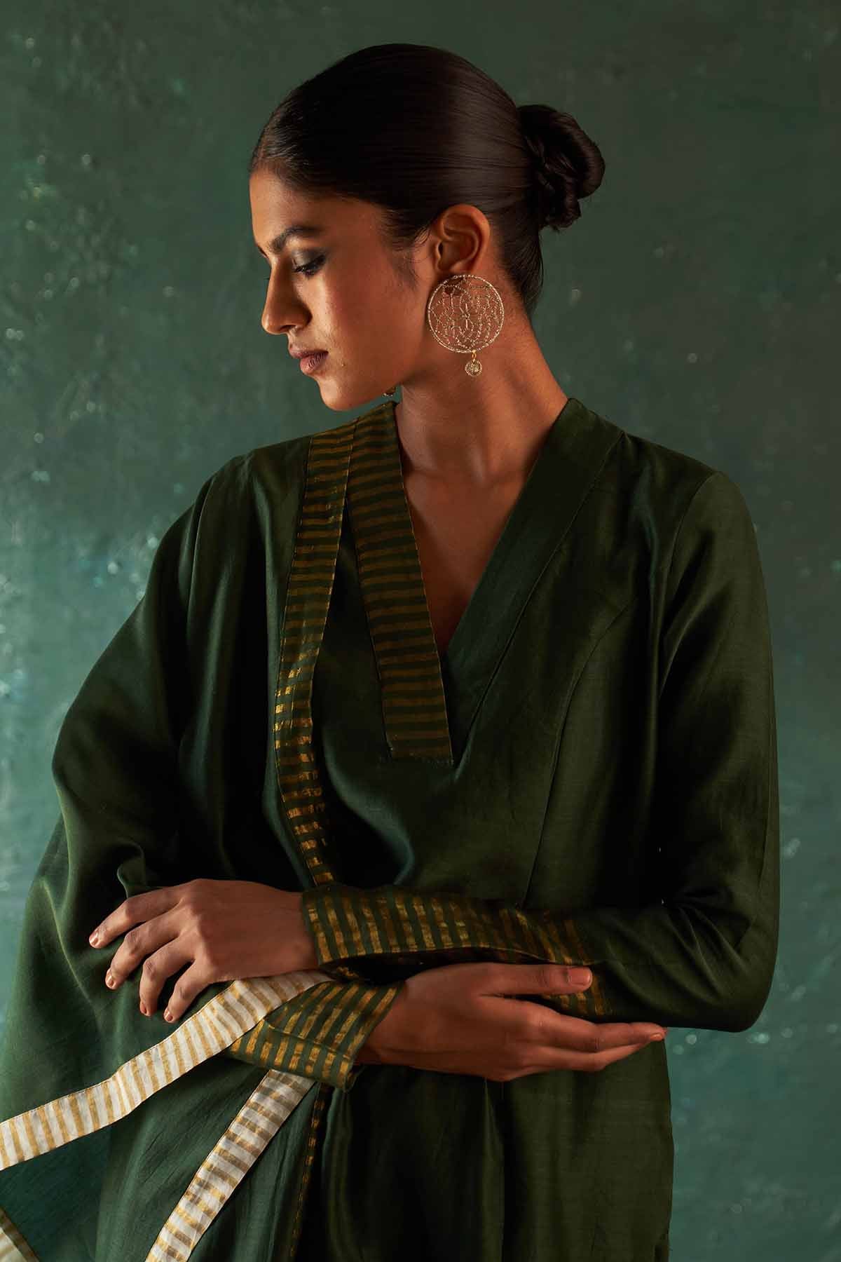 V-Neck Green Straight Kurta Set