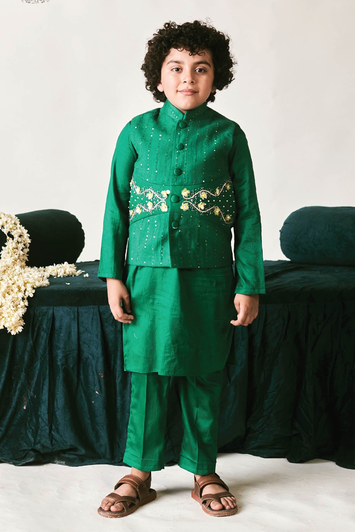 Designer Littleens Green Vegan Silk Kurta & Jacket Set For Kids (Boys & Girls) Available online at ScrollnShops