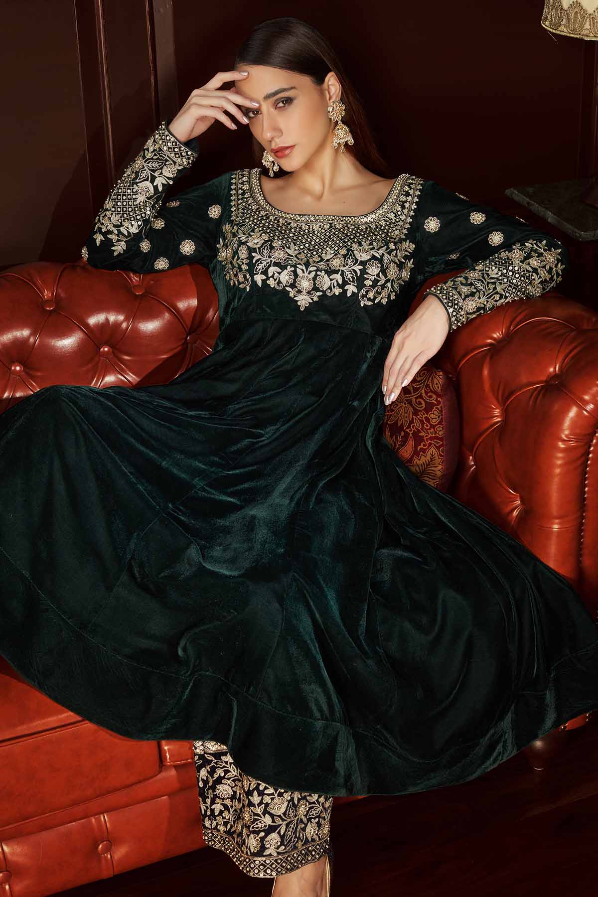 Green Velvet Aari Anarkali Set