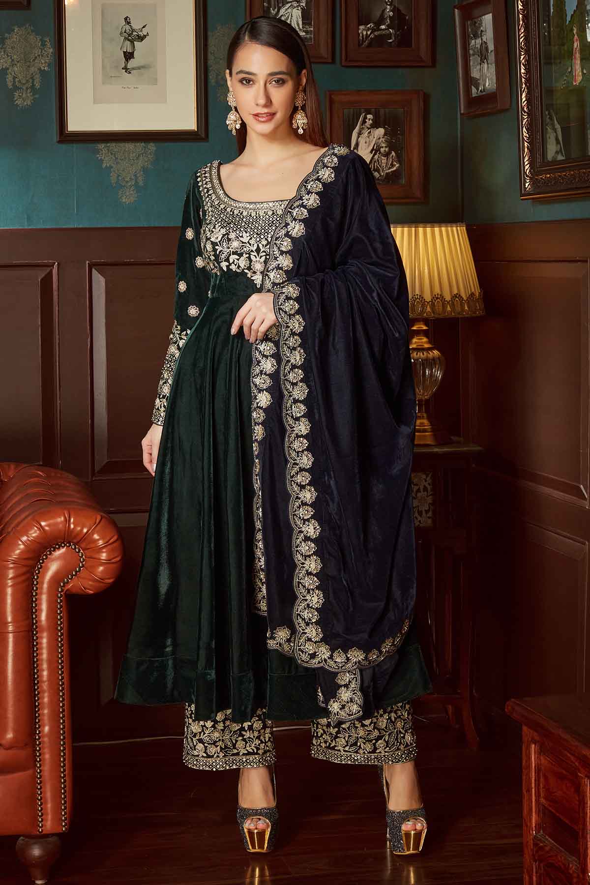 Priyanka Jain Green Velvet Aari Anarkali Set for women online at ScrollnShops