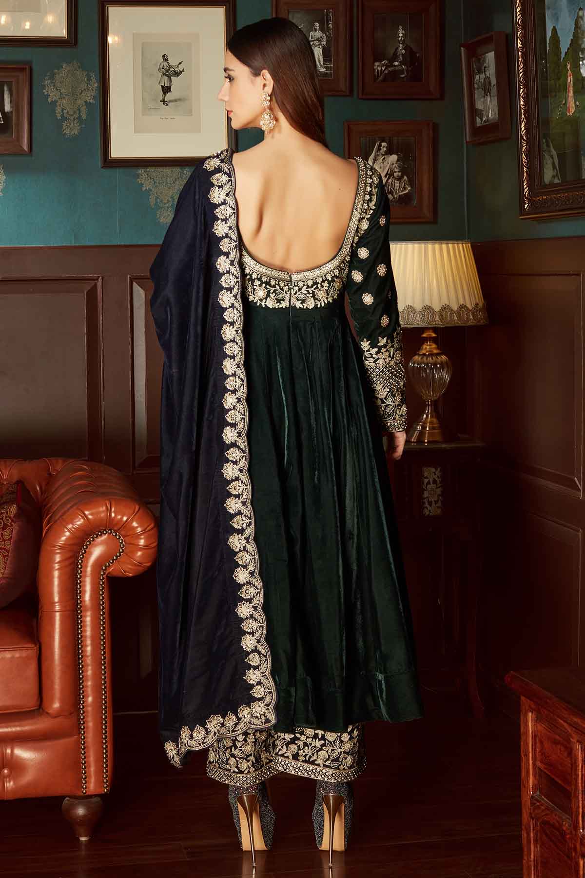 Green Velvet Aari Anarkali Set