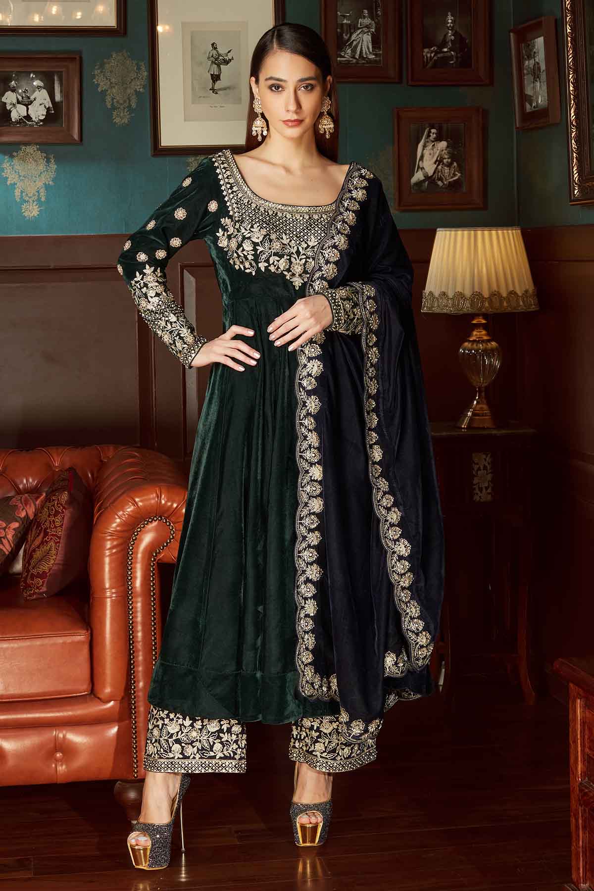 Green Velvet Aari Anarkali Set