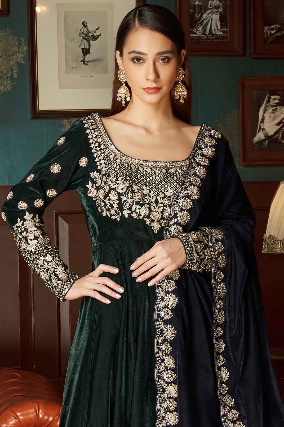 Green Velvet Aari Anarkali Set