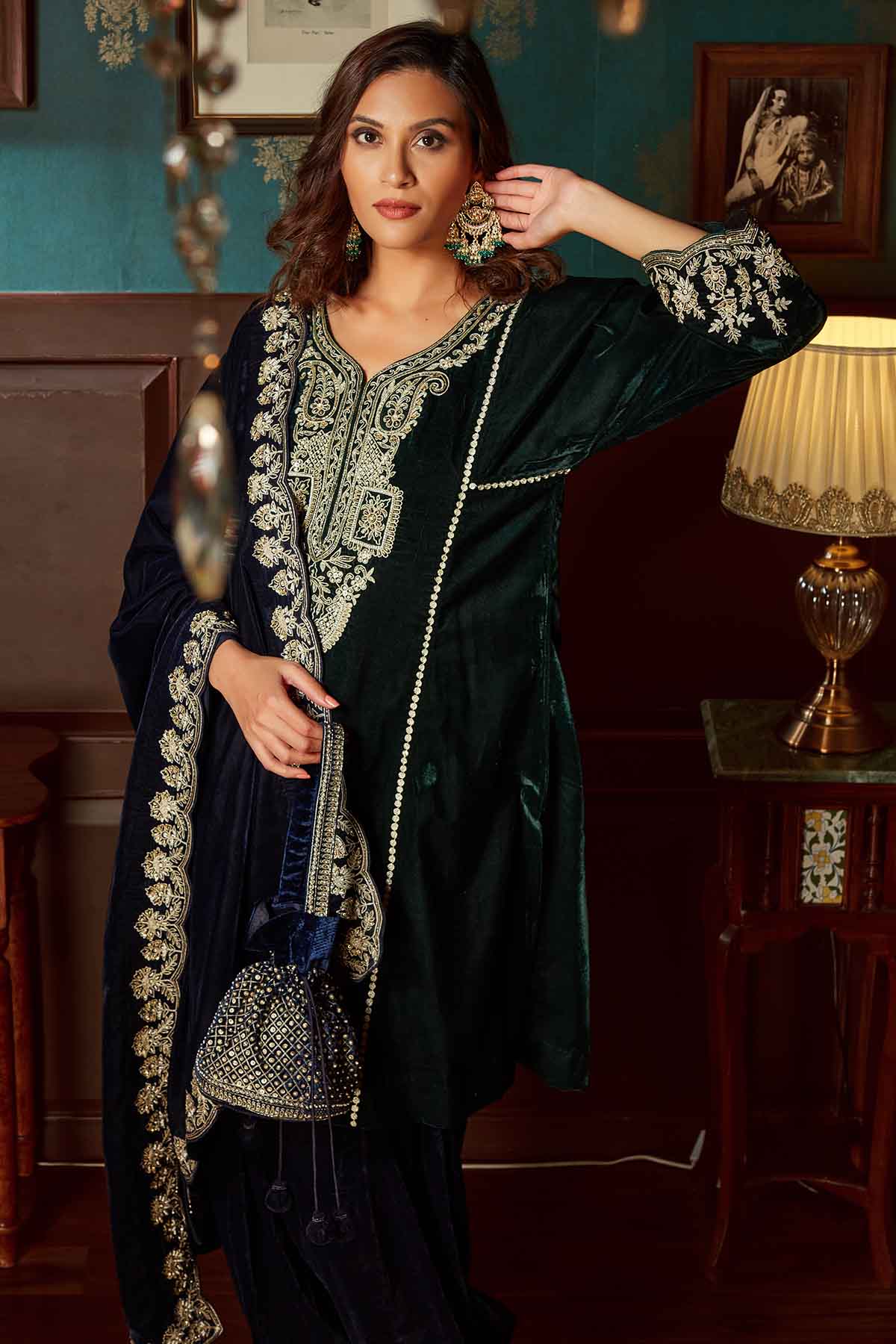 Green Velvet Aari Work Kurta Set