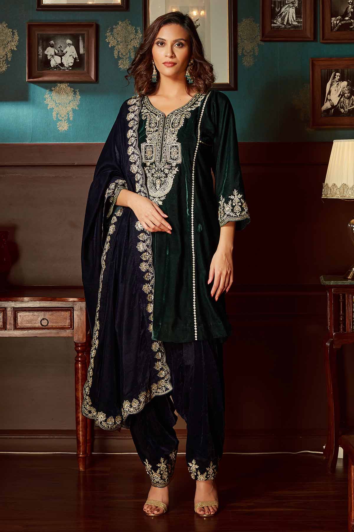 Priyanka Jain Green Velvet Aari Work Kurta Set for women online at ScrollnShops