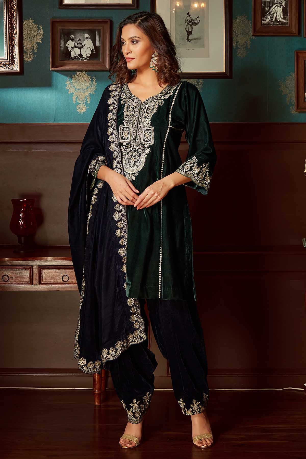 Green Velvet Aari Work Kurta Set