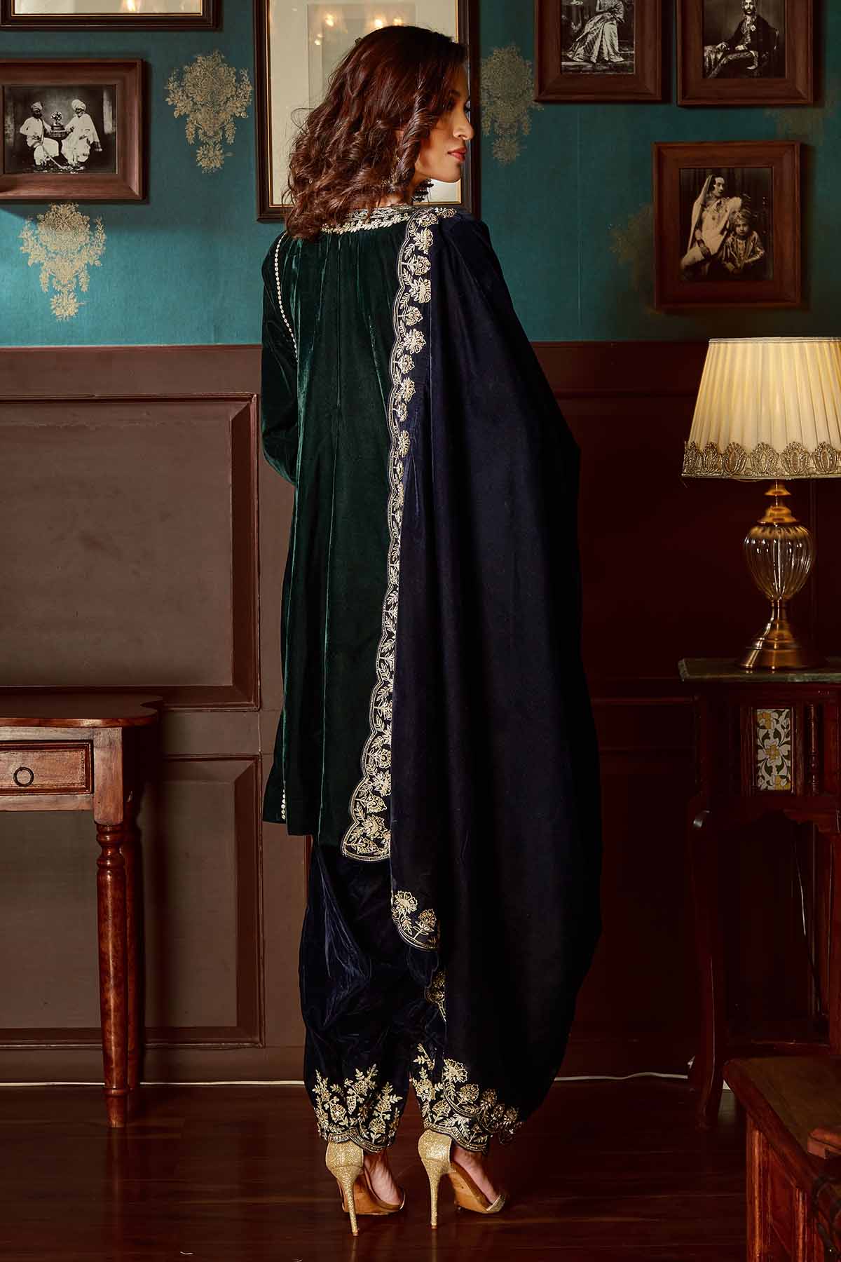 Green Velvet Aari Work Kurta Set