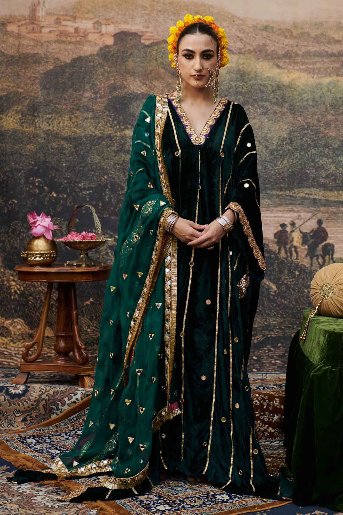 ITRH Green Velvet V-Neck Long Kaftan for women online at ScrollnShops