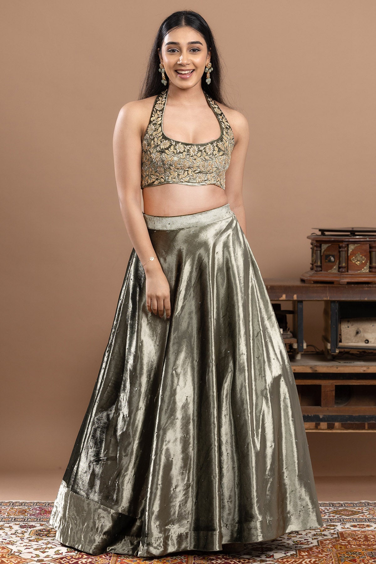Buy Green Velvet Zari Lehenga Set for women by Rivaaj Couture online available at scrollnshops