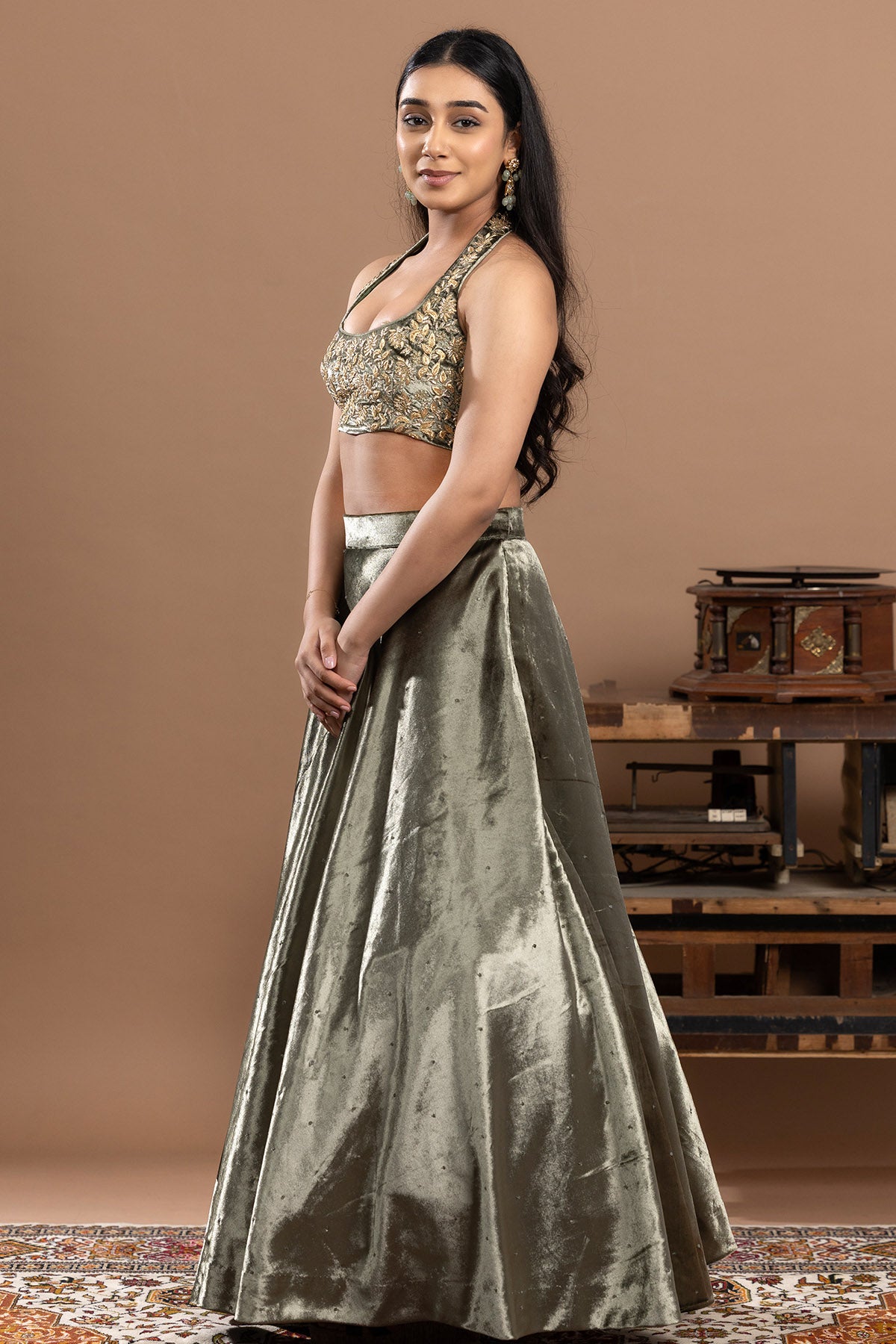 Green Velvet Zari Lehenga Set