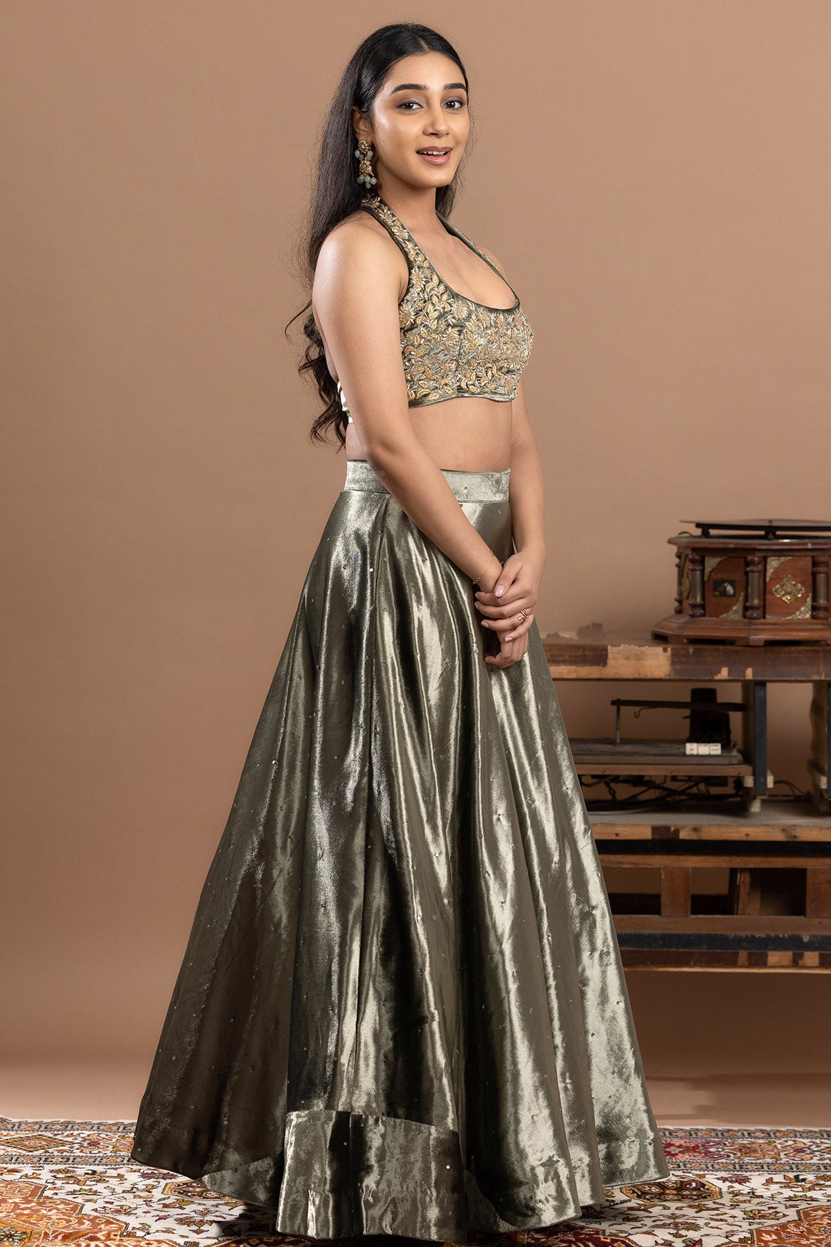 Green Velvet Zari Lehenga Set