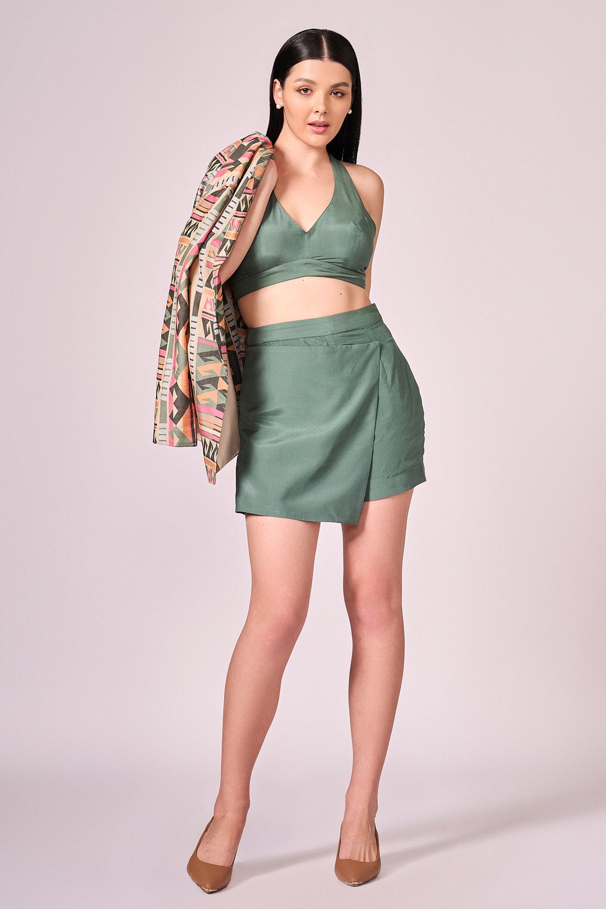 Green Viscose Asymmetrical Skort