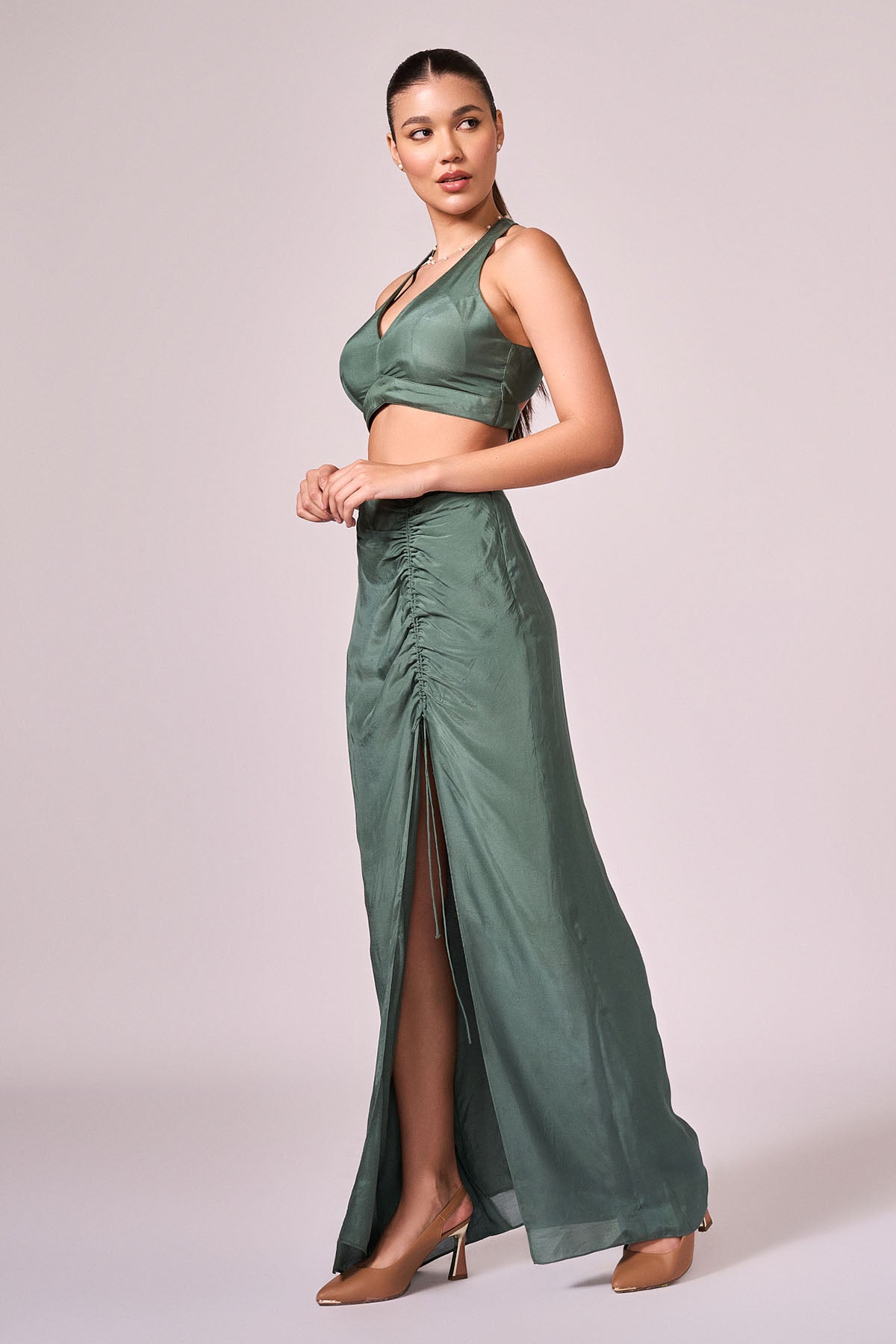 Green Viscose Printed Skirt Set