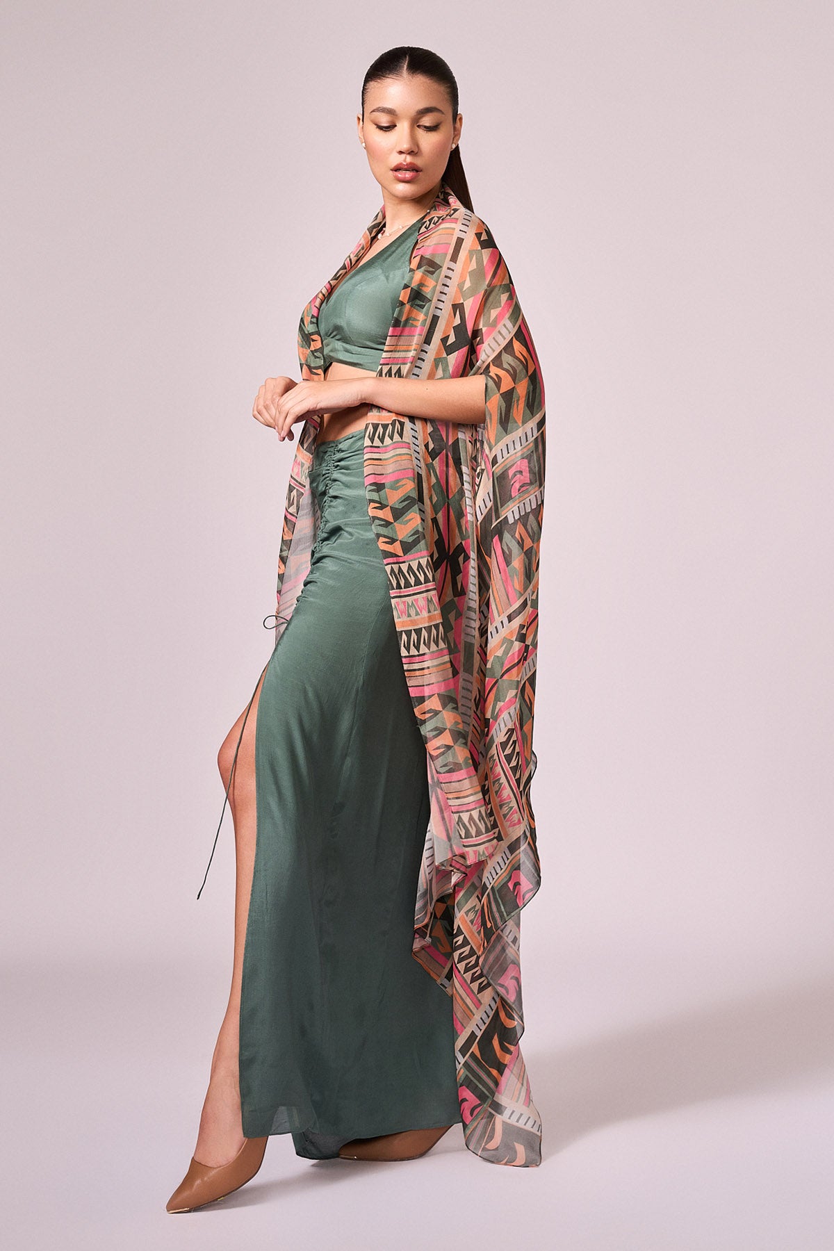 Green Viscose Printed Skirt Set