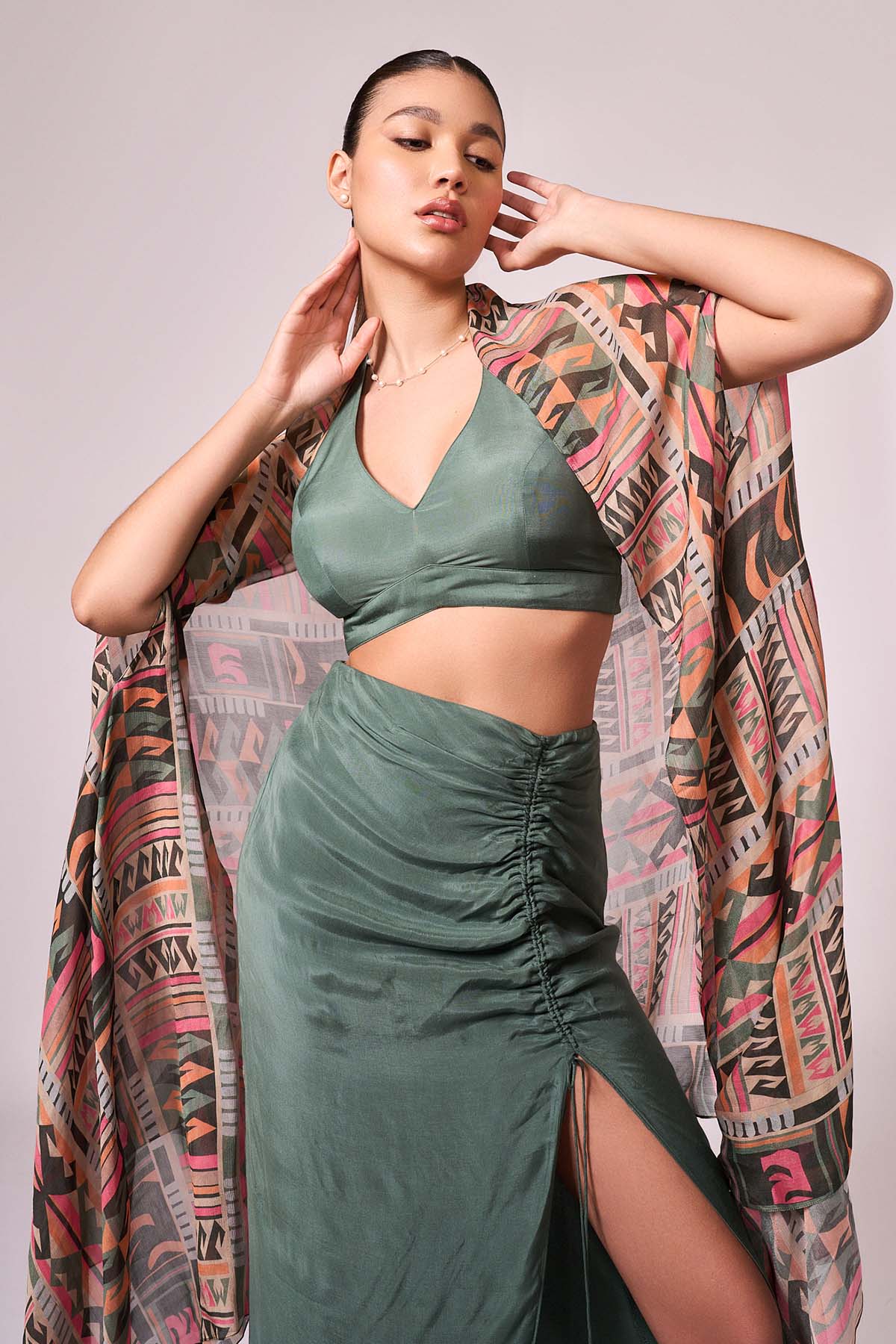 Green Viscose Printed Skirt Set