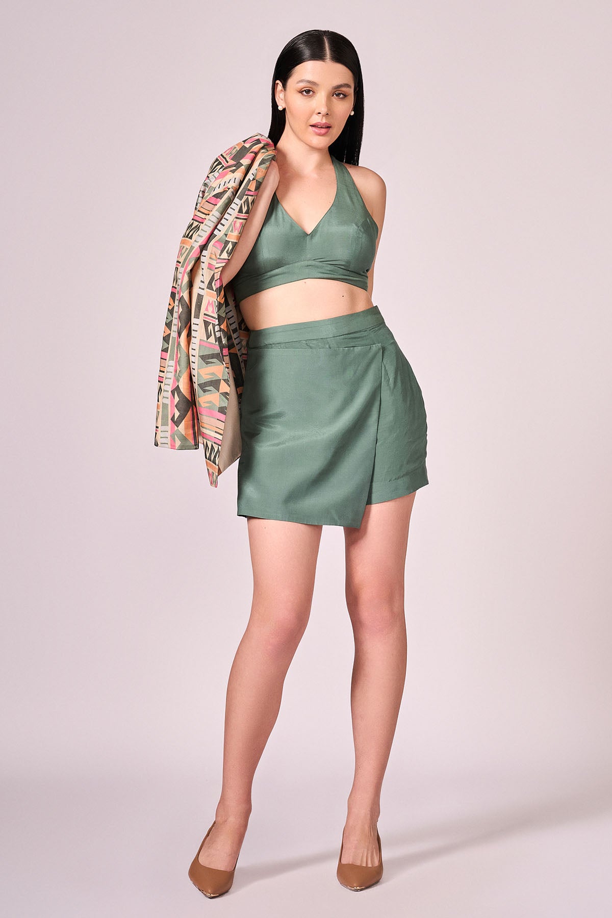 Green Viscose Printed Skort Set