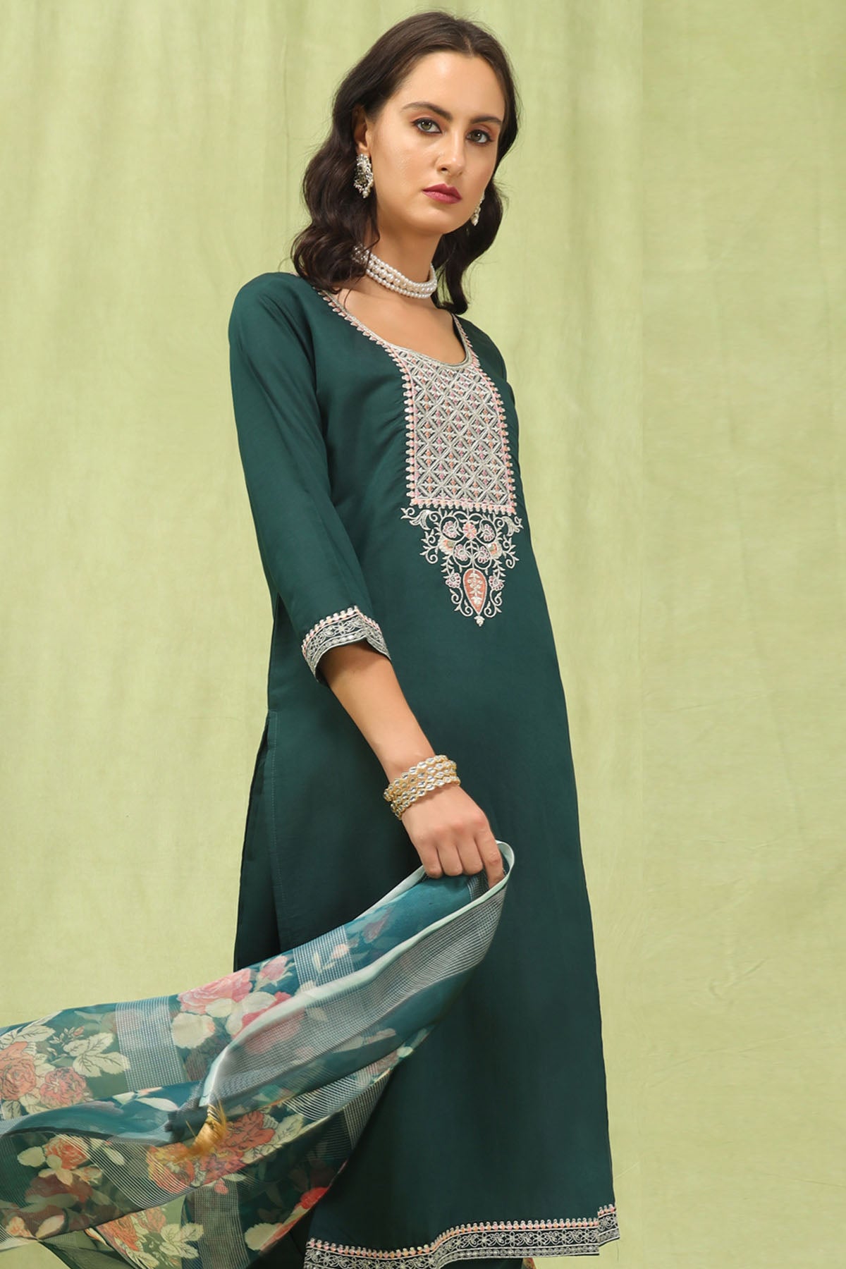 Green Viscose Roman Kurta Set